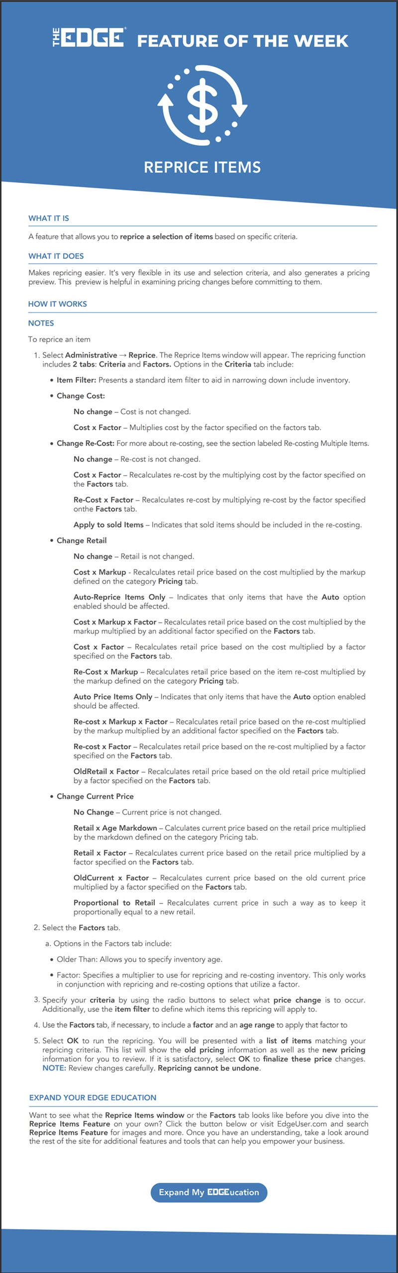 Edge Knowledge Base > User Resources > Feature of the Week > Reprice Items